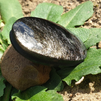 Cabochon ovale, rainuré en obsidienne argentée en provenance du Mexique