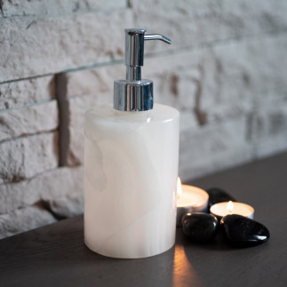 Distributeur de savon artisanal en onyx mexicain blanc