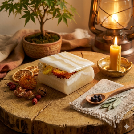 Boîte carrée en Onyx du Mexique – Coffret minéral sculpté aux veines naturelles