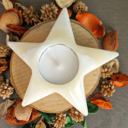 Porte-bougie étoile en onyx blanc San Luis .Bougeoirs en pierre pour les quatre saisons de l'année.
